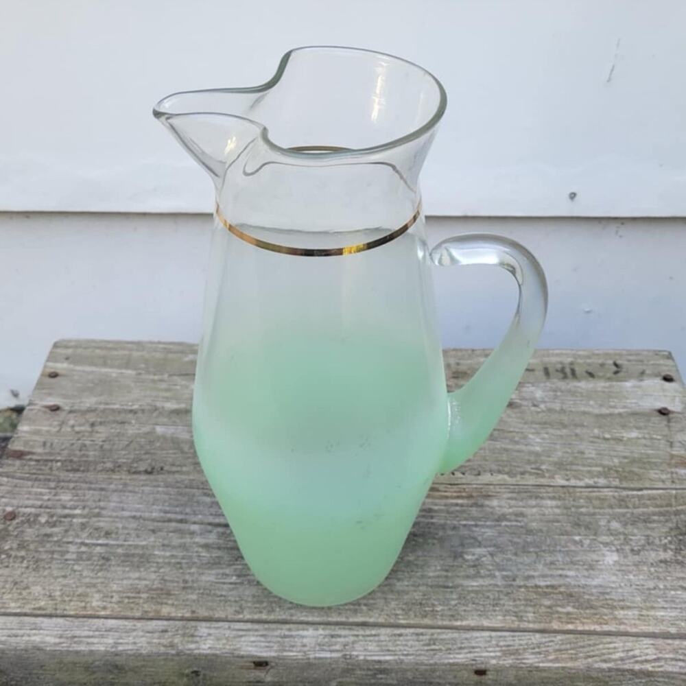 Vintage Blendo Frosted Mint Seafoam Green Tall Glass Drink Pitcher w/ Gold Band